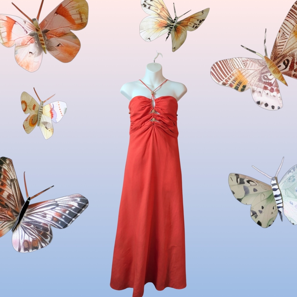 Strapless Red Maxi Dress with Halter Detail
